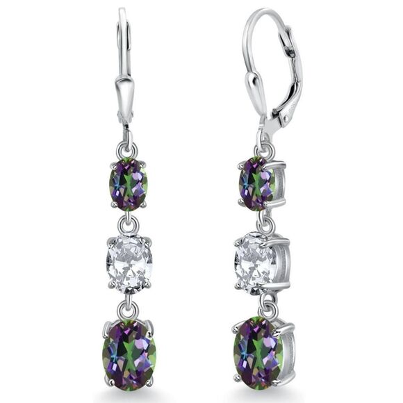 925 Sterling Silver 7.35 Cttw 3 Stone Green Mystic Topaz and Diamond CZ Earrings